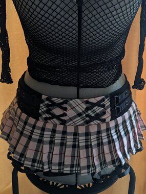 Pink Plaid Pleated Micro Mini skirt by bedroom stories Lace-Up  M + Mesh Top